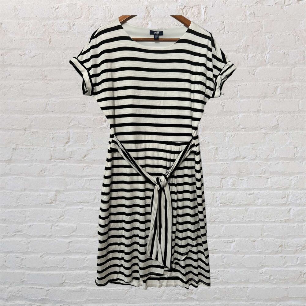 Chaps Black White‎ Striped Midi Dress Stretchy Faux Wrap Lined Knee Length Small